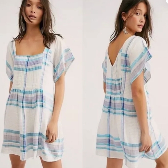 Free People Dress Women's Size Medium Blue Plaid Metallic Barcelona Boho Hippie - Picture 1 of 11